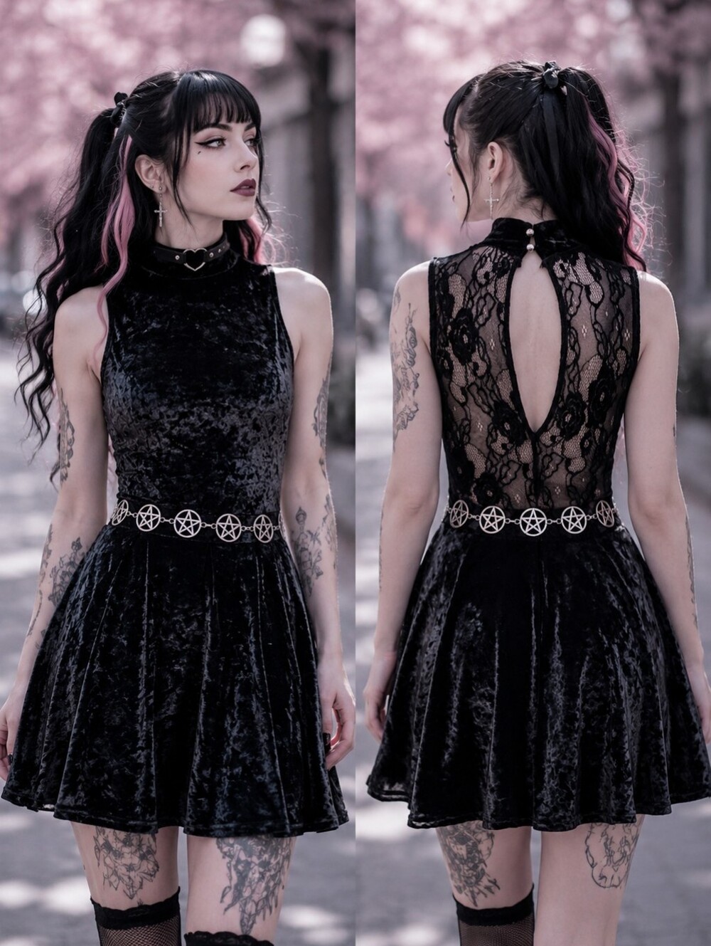 Revamped Black Crushed Velvet Mock Neck Skater Romper Dress